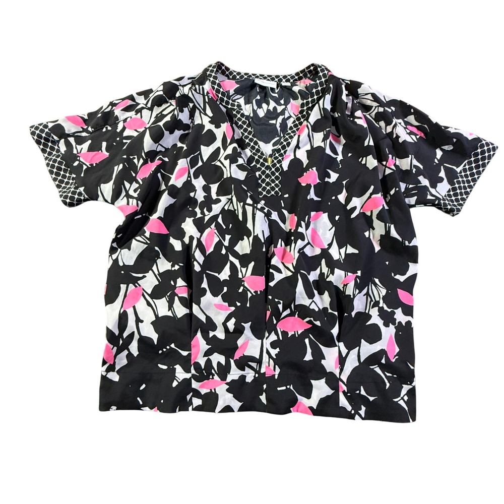 New York & Company Floral‎ Print Blouse Top Short Sleeve Black Pink White